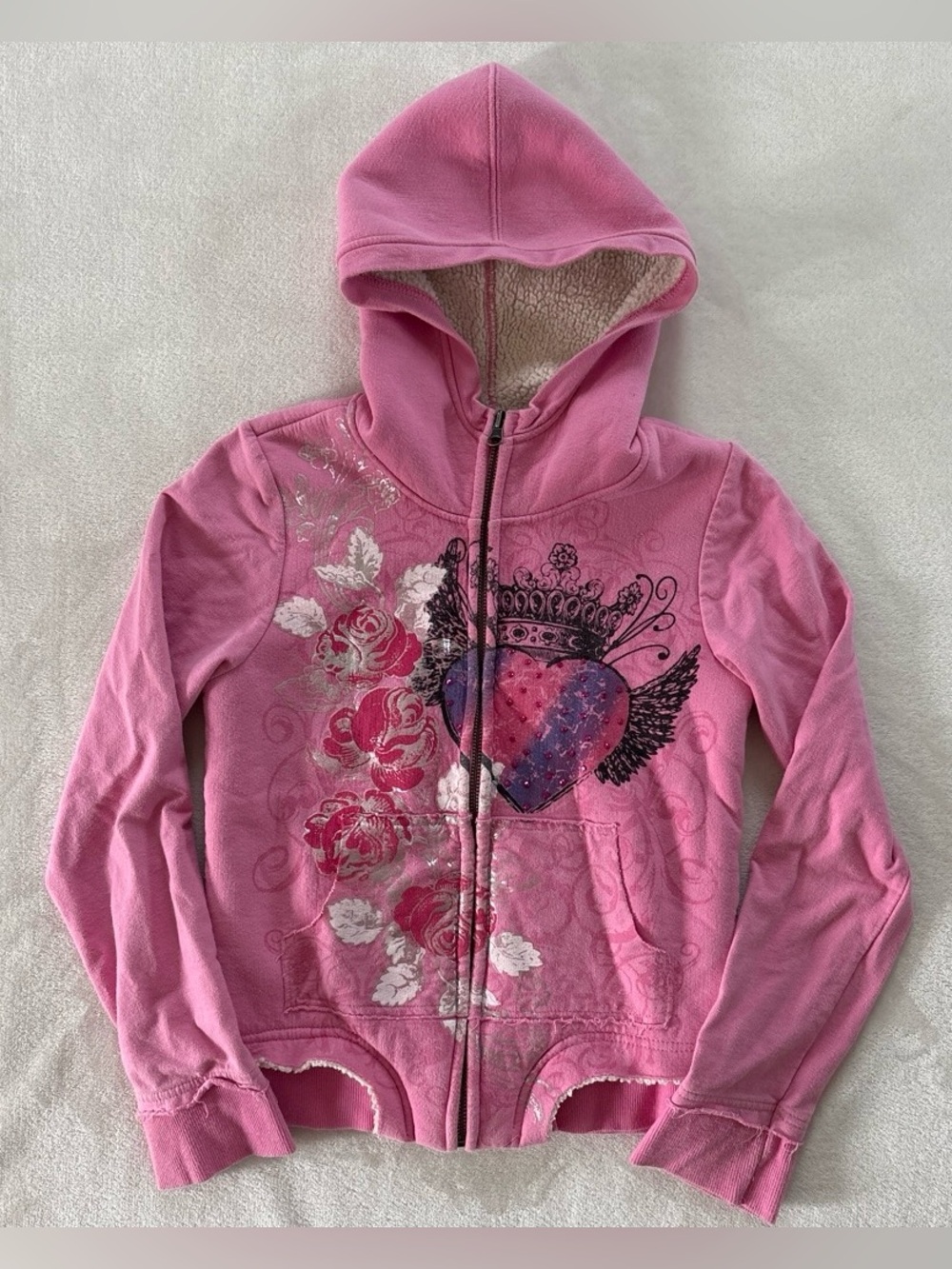 Y2K Fresh Brewed Pink Heart Angel Fleece Sherpa Zip Up Girls Large